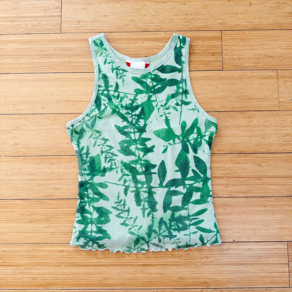 Vintage Esprit Green Leaf Print Sheer Overlay Tank S Y2K Sporty